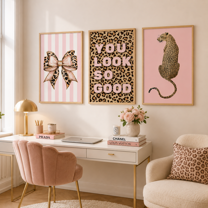 Pink Leopard Bow Wall Art Set | Coquette Glam Bedroom Prints