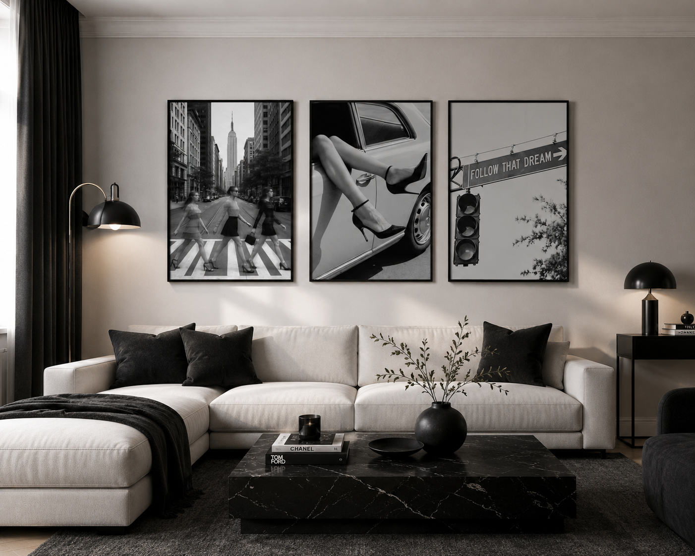 Modern monochrome gallery wall set with luxury fashion photography perfect for bedrooms, dressing rooms and contemporary interiors.