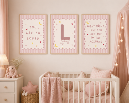 Personalised Baby Girl Nursery Wall Art Set | Pink Coquette Nursery Prints