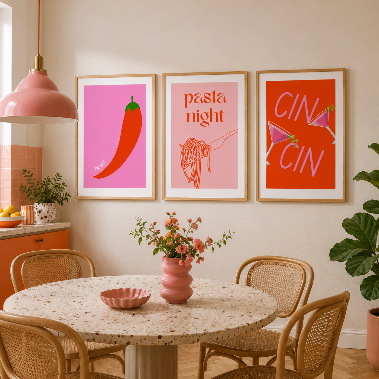 Pink Kitchen Wall Art Set of 3 | Pasta Night & Cocktail Prints | Modern Dining Decor