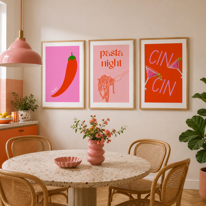 Pink Kitchen Wall Art Set of 3 | Pasta Night & Cocktail Prints | Modern Dining Decor