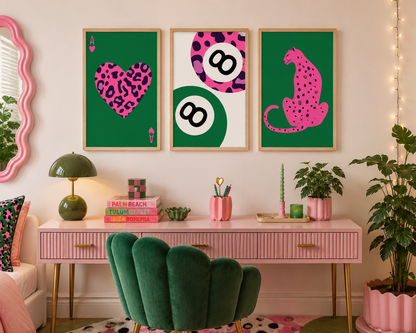 Pink Green Leopard Wall Art Set of 3 | Preppy Glam Bedroom Prints