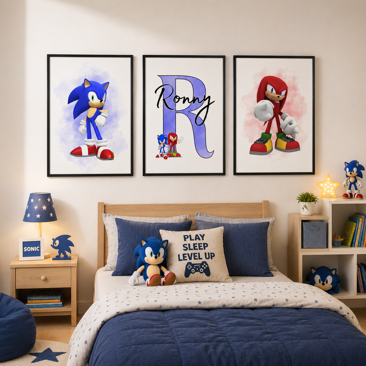 Personalised Sonic Wall Art Set of 3 | Gaming Bedroom Prints for Kids