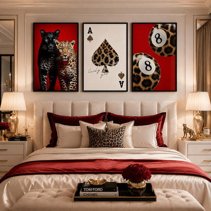 Luxury Leopard Wall Art Set | Red Panther Casino Prints | Modern Glam Decor