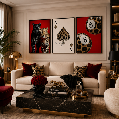 Luxury Leopard Wall Art Set | Red Panther Casino Prints | Modern Glam Decor