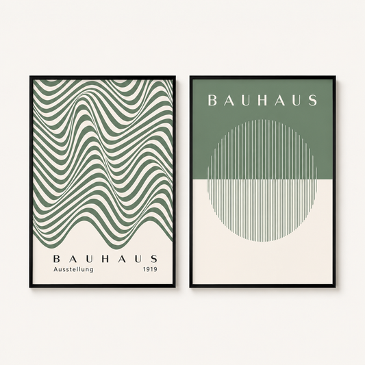 Green Bauhaus Geometric Wall Art Print | Minimalist Scandinavian Poster Set of 2