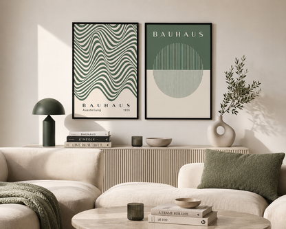 Green Bauhaus Geometric Wall Art Print | Minimalist Scandinavian Poster Set of 2