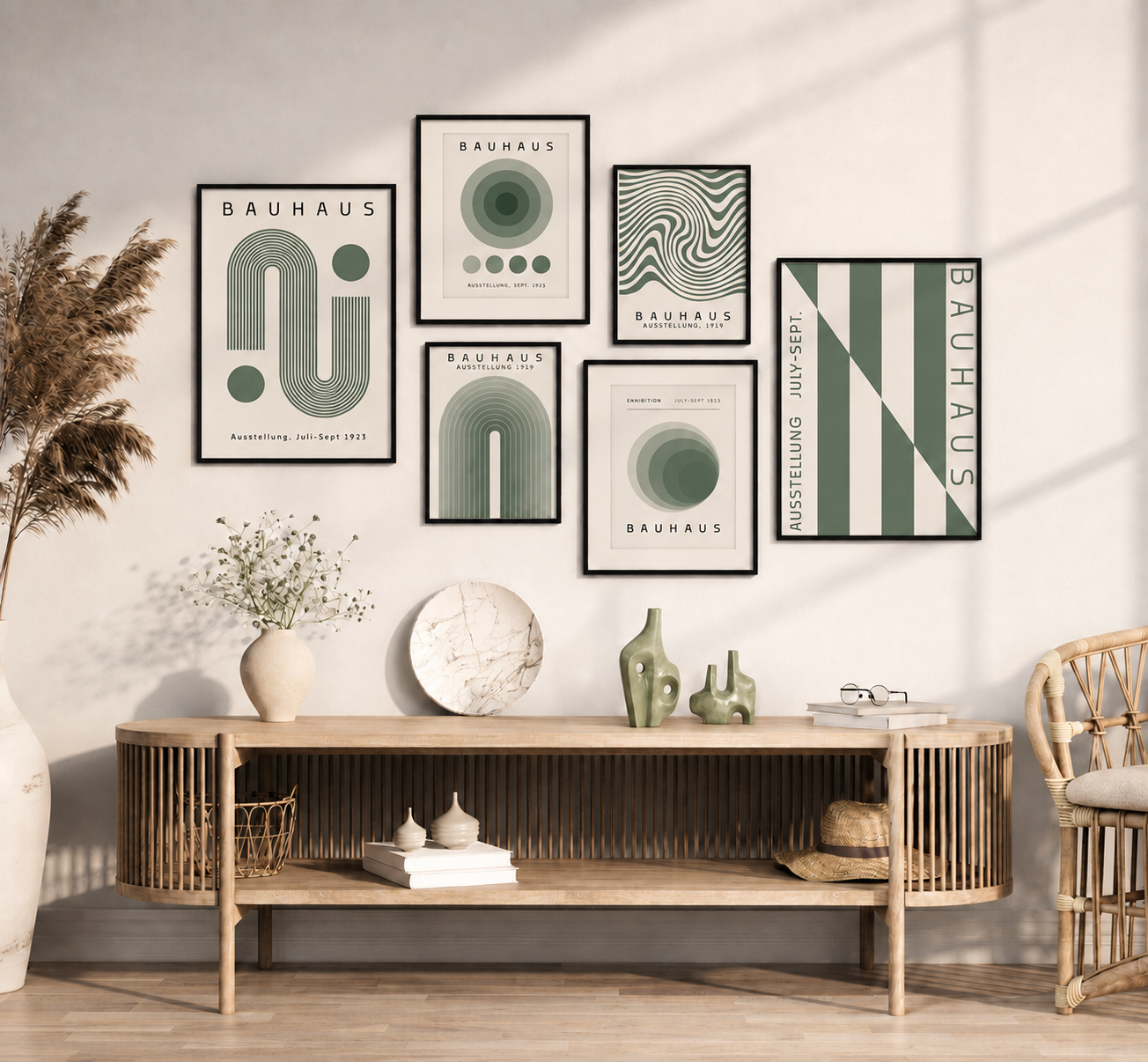Green Bauhaus Geometric Wall Art Print | Minimalist Scandinavian Poster Set of 2