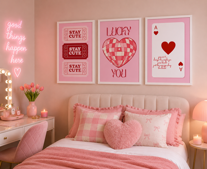Pink Coquette Wall Art Set of 3 | Lucky Girl Bedroom Prints
