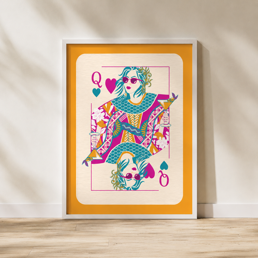 Mustard Queen Of Hearts Cocktail Wall Art Print | Colourful Playing Card Poster