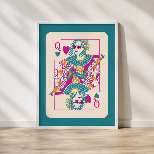 Teal Queen Of Hearts Cocktail Print | Colourful Playing Card Wall Art Poster