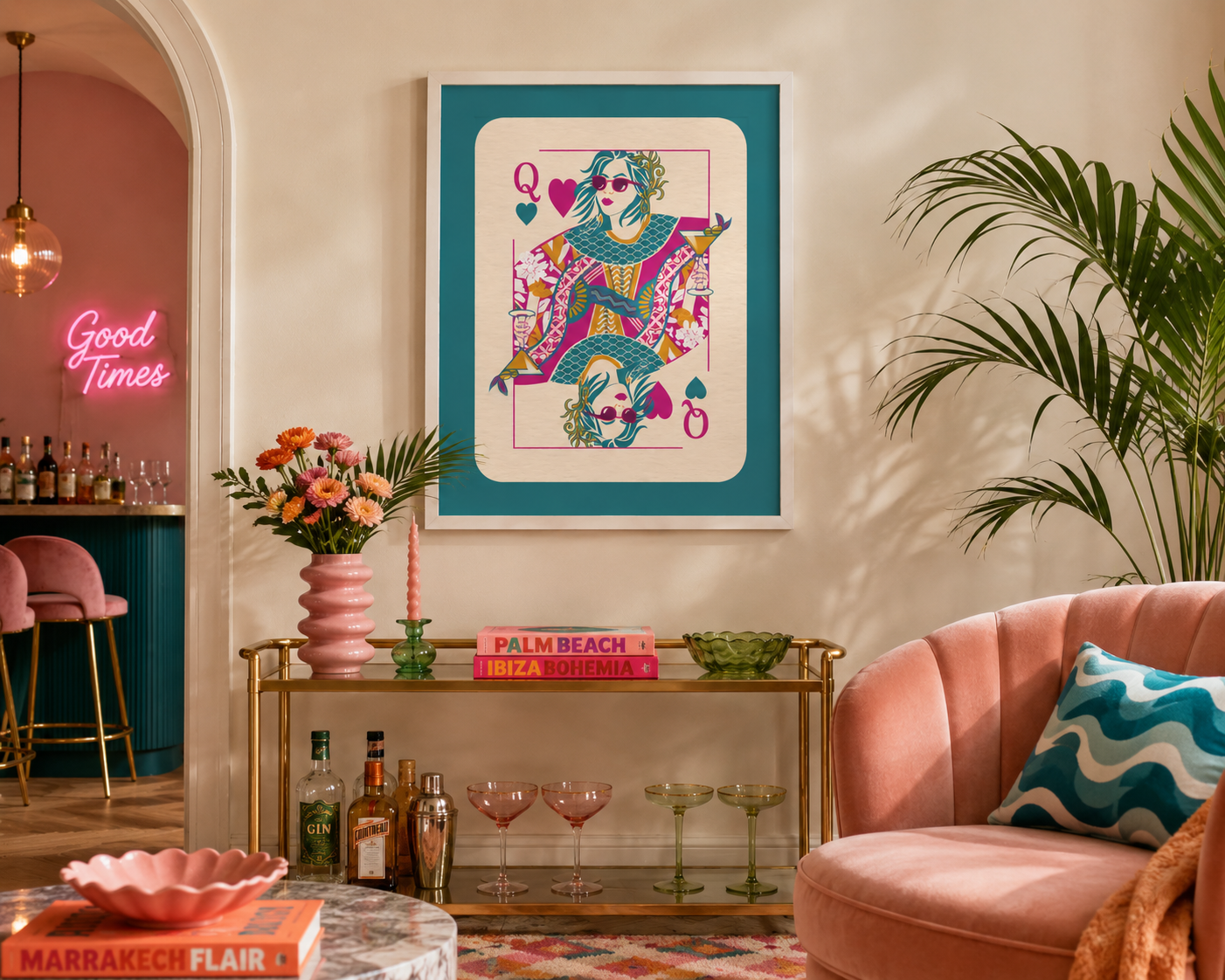 Teal Queen Of Hearts Cocktail Print | Colourful Playing Card Wall Art Poster