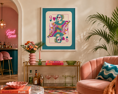 Teal Queen Of Hearts Cocktail Print | Colourful Playing Card Wall Art Poster