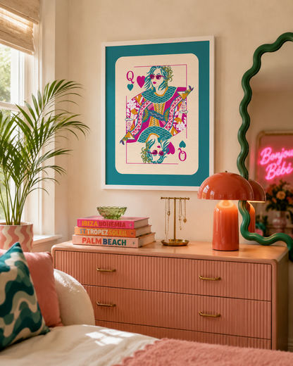 Teal Queen Of Hearts Cocktail Print | Colourful Playing Card Wall Art Poster