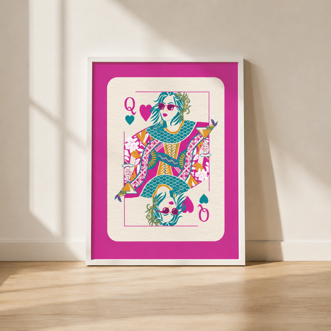 Pink Queen Of Hearts Cocktail Print | Colourful Playing Card Wall Art Poster
