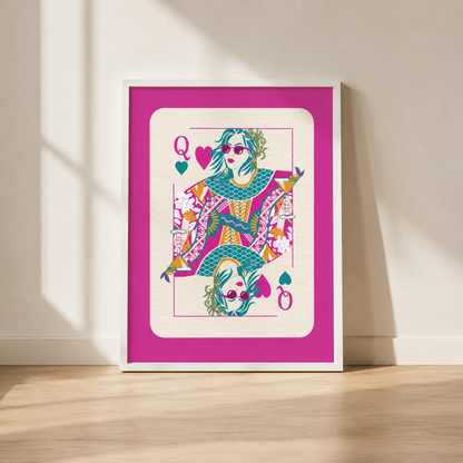 Pink Queen Of Hearts Cocktail Print | Colourful Playing Card Wall Art Poster