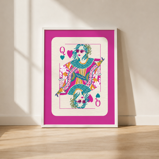 Pink Queen Of Hearts Cocktail Print | Colourful Playing Card Wall Art Poster