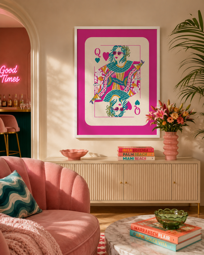 Pink Queen Of Hearts Cocktail Print | Colourful Playing Card Wall Art Poster