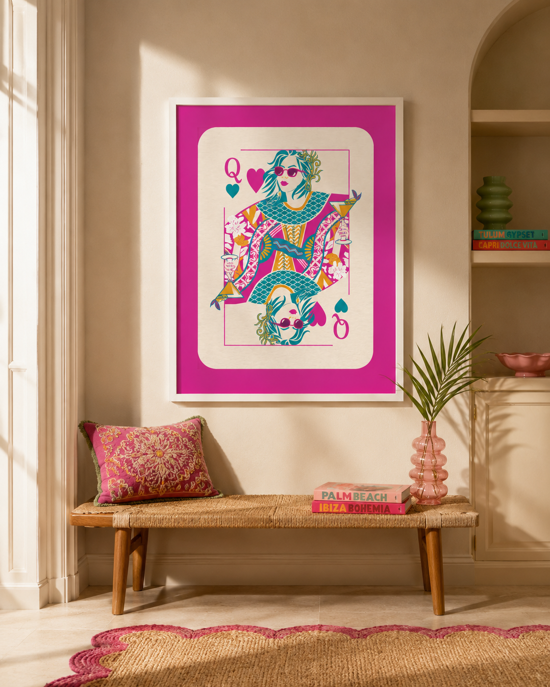Pink Queen Of Hearts Cocktail Print | Colourful Playing Card Wall Art Poster