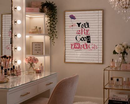 Inspirational self love wall art designed with mixed typography and soft pink accents for bedrooms and gallery walls.