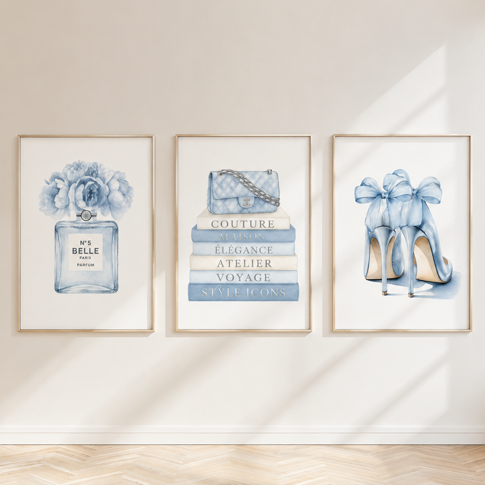Luxury powder blue fashion wall art set in champagne beige frames above elegant vanity table