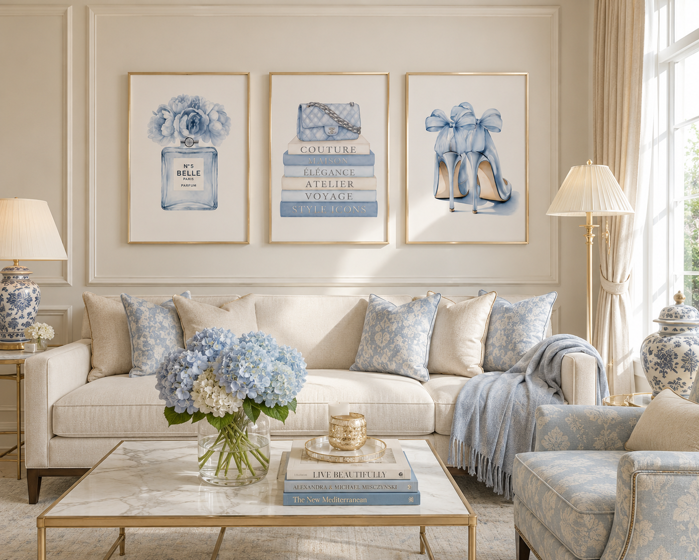 Designer inspired powder blue wall art set styled in glam bedroom with champagne beige frames