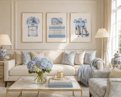 Designer inspired powder blue wall art set styled in glam bedroom with champagne beige frames