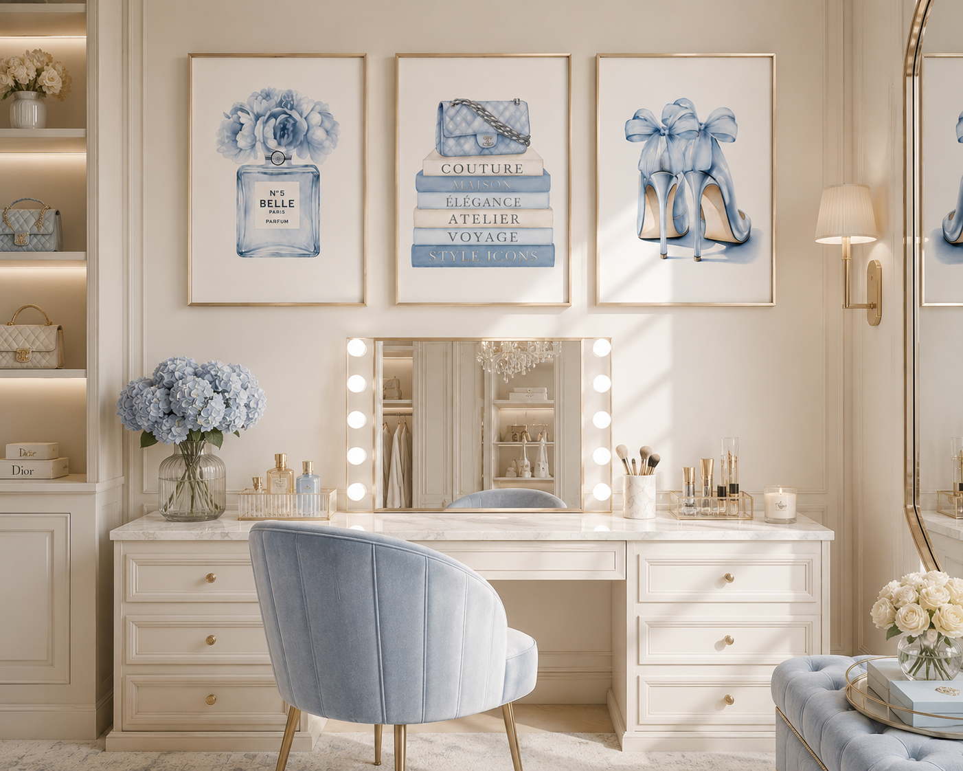 Powder blue feminine fashion prints displayed in luxury dressing room with soft neutral decor