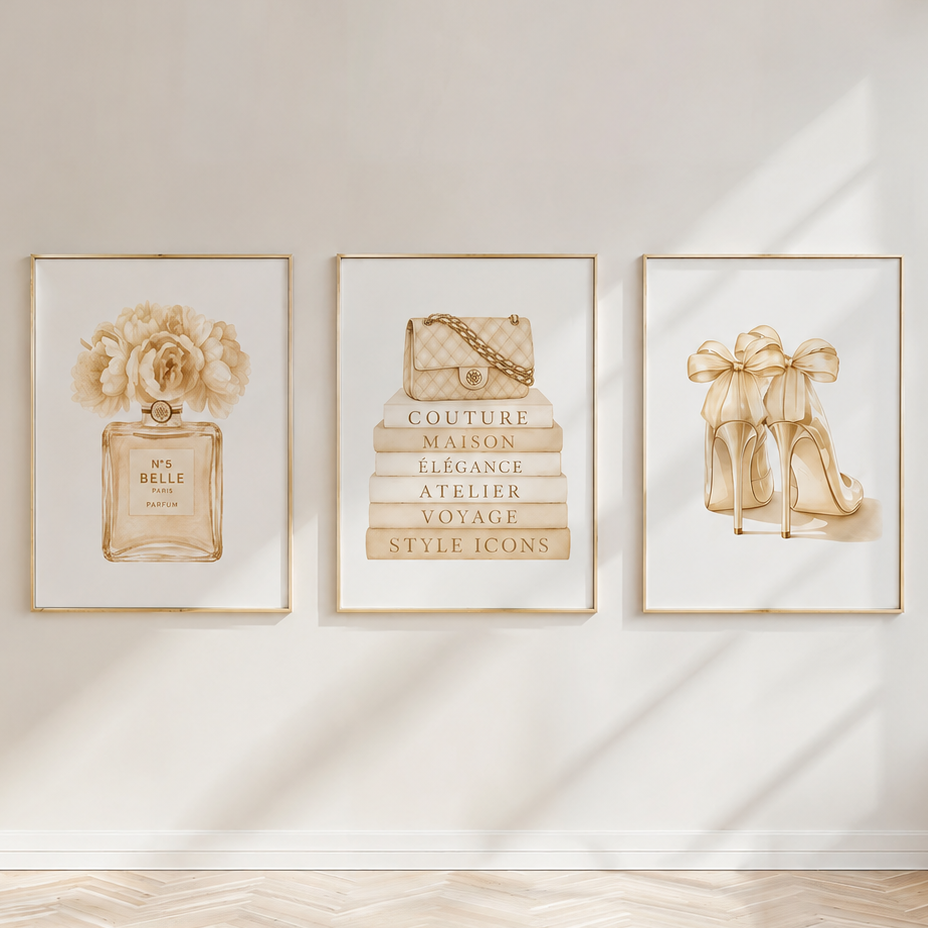 Luxury neutral fashion wall art set in champagne beige frames above elegant vanity table