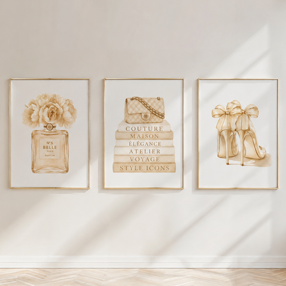Luxury neutral fashion wall art set in champagne beige frames above elegant vanity table