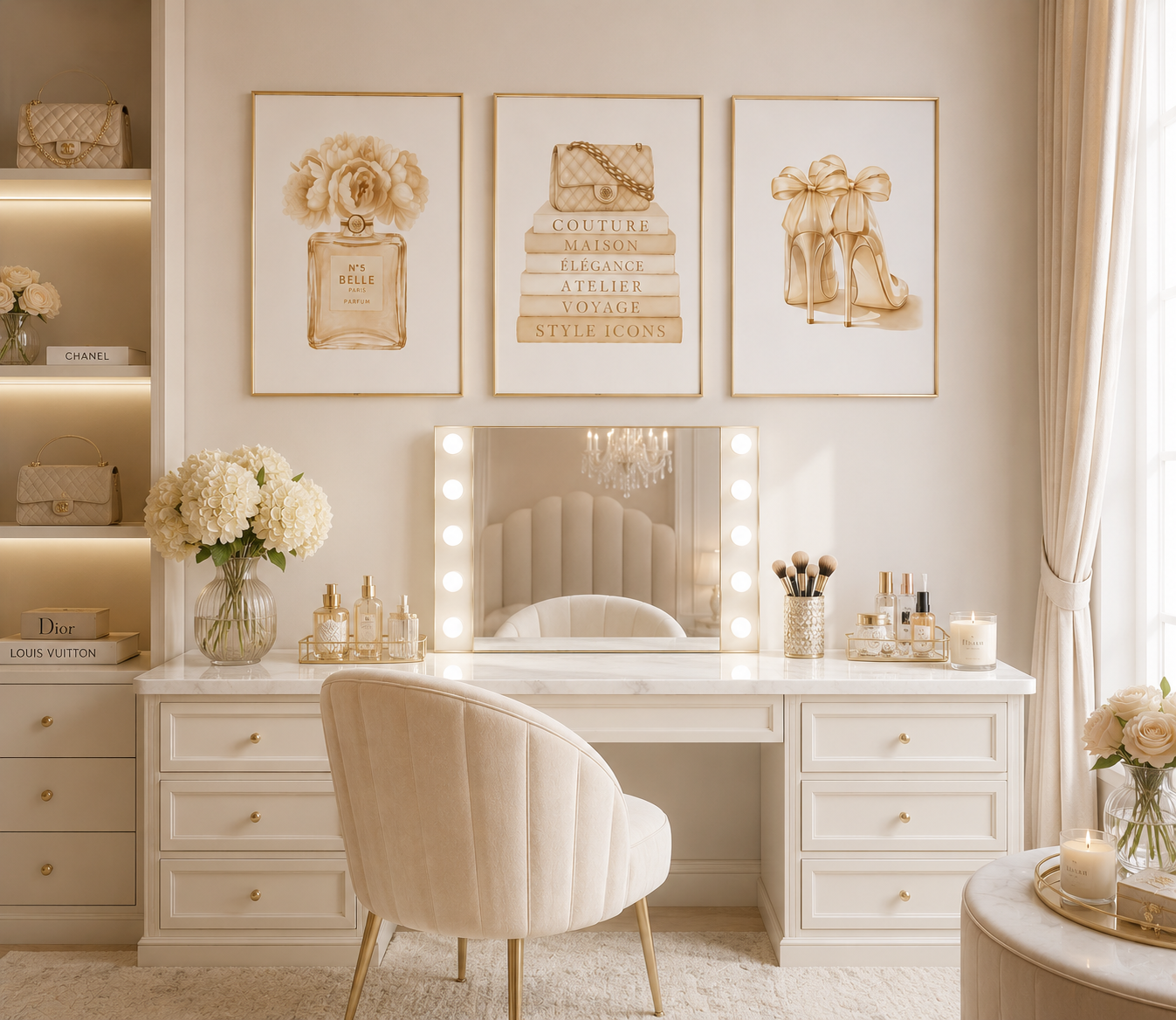 Designer inspired beige fashion prints displayed in glamorous neutral dressing room