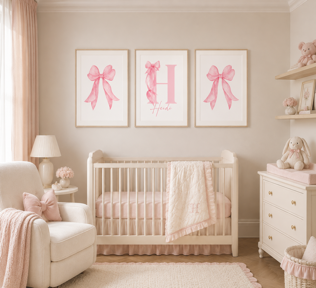 Nursery room with a crib, chair, and wall art featuring pink bows and letters.
