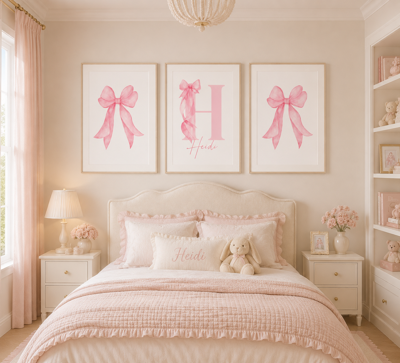 Pink-themed bedroom with decorative wall art and bedding.