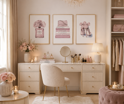 Blush pink designer inspired wall art prints in slim champagne beige frames above console table