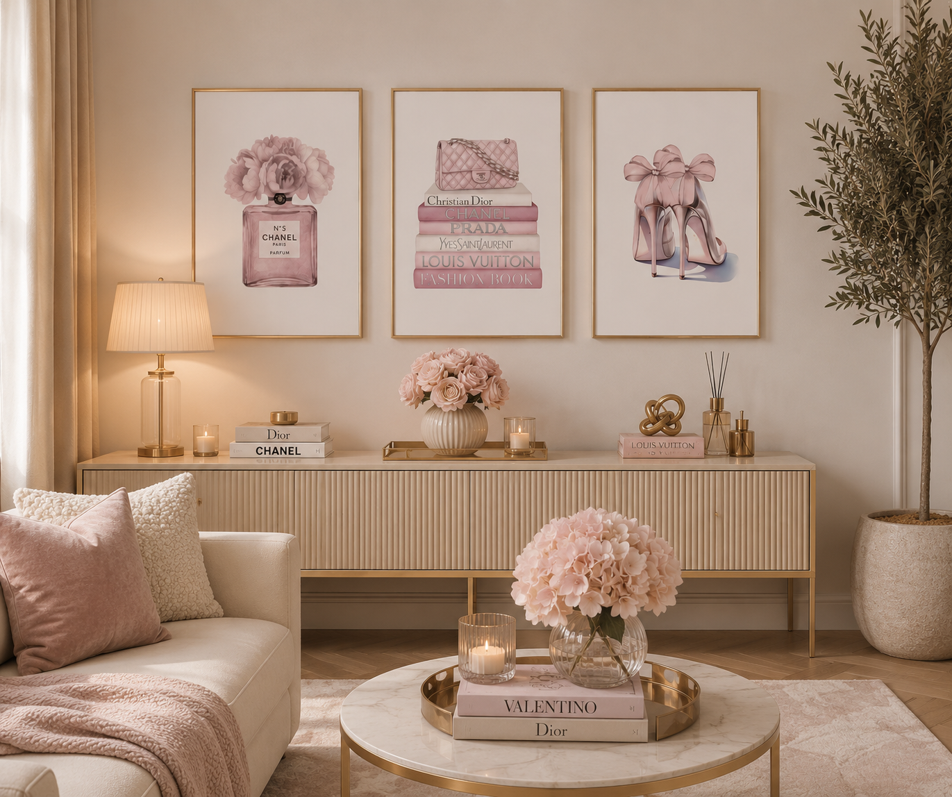 Pink luxury fashion prints featuring perfume bottle, fashion books and bow heels in elegant neutral interior