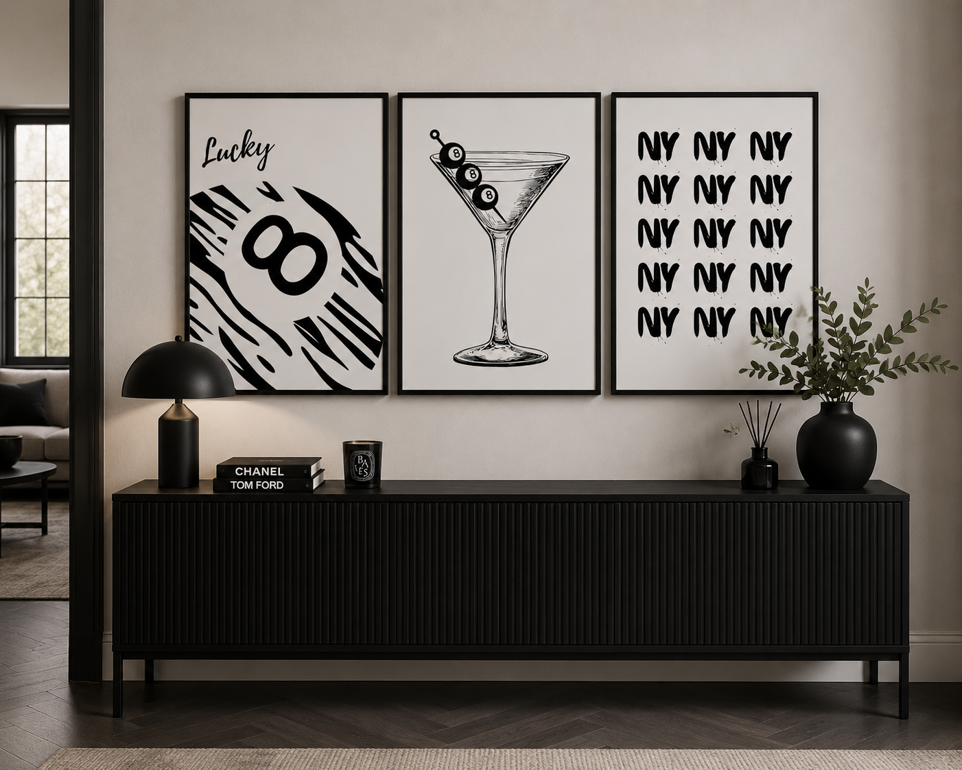 Minimalist 8-ball and martini wall art set for modern monochrome gallery walls.