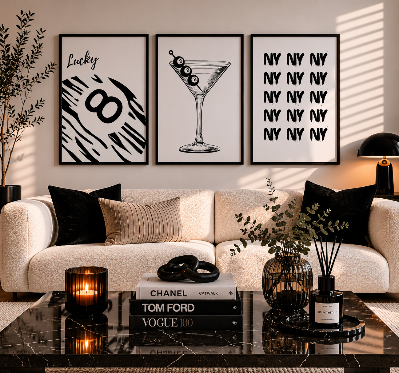 Black and white New York inspired wall prints styled in a luxury neutral interior.