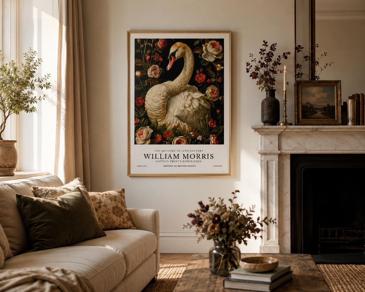 Vintage botanical swan wall art inspired by William Morris, showcasing detailed floral illustrations, rich autumnal colours and classic Victorian design. Perfect for cottagecore, farmhouse and traditional home décor.