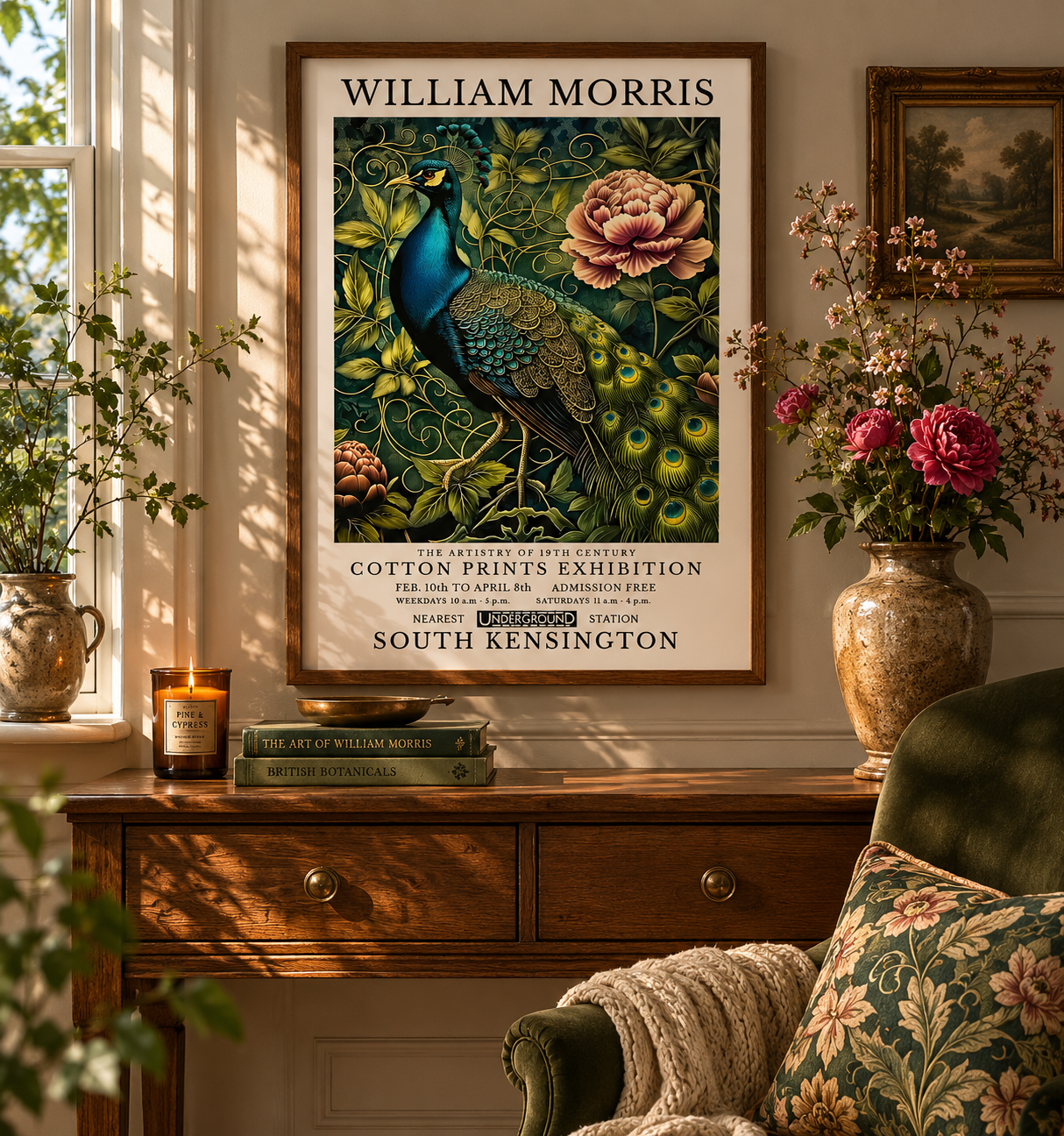 Vintage William Morris inspired peacock wall art with botanical flowers and Arts and Crafts design aesthetic.