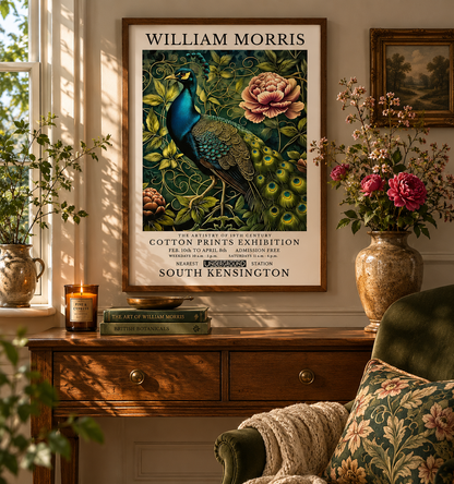 Vintage William Morris inspired peacock wall art with botanical flowers and Arts and Crafts design aesthetic.