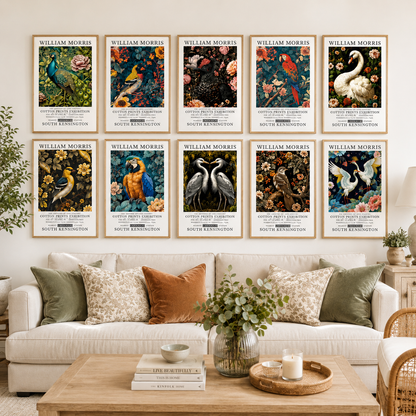 Vintage botanical toucan artwork inspired by William Morris exhibition posters