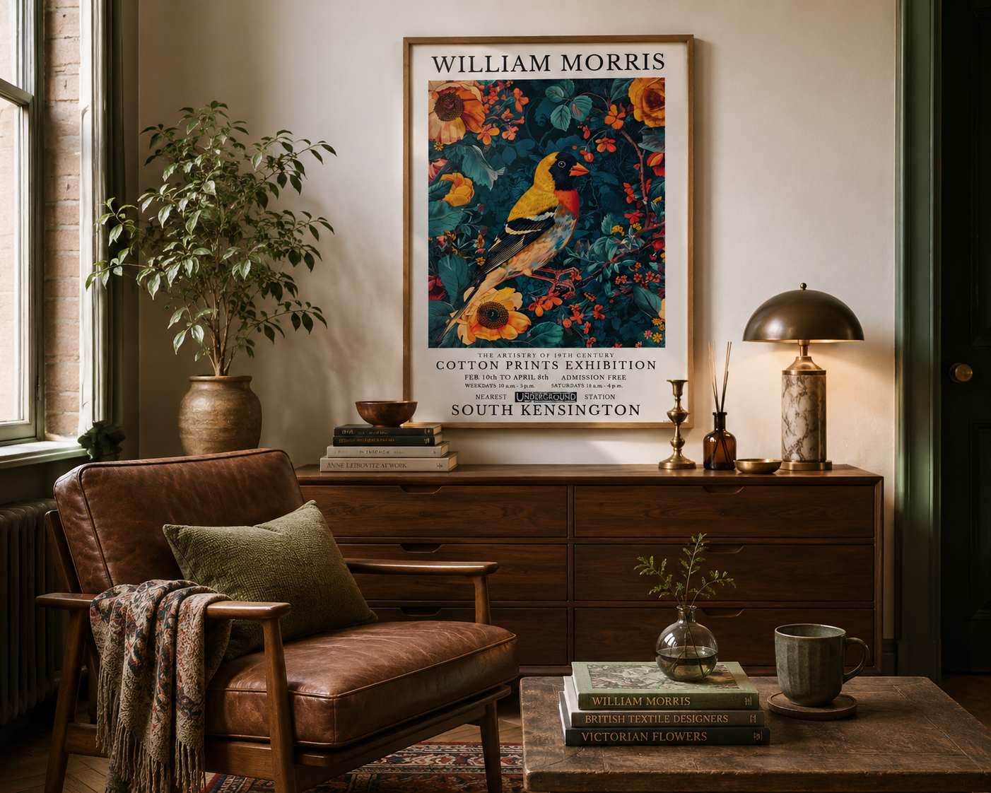European Goldfinch botanical bird wall art inspired by William Morris with vintage floral details and rich heritage colours.