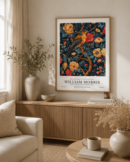 Vintage botanical bird wall art inspired by William Morris with floral blooms and rich navy background.