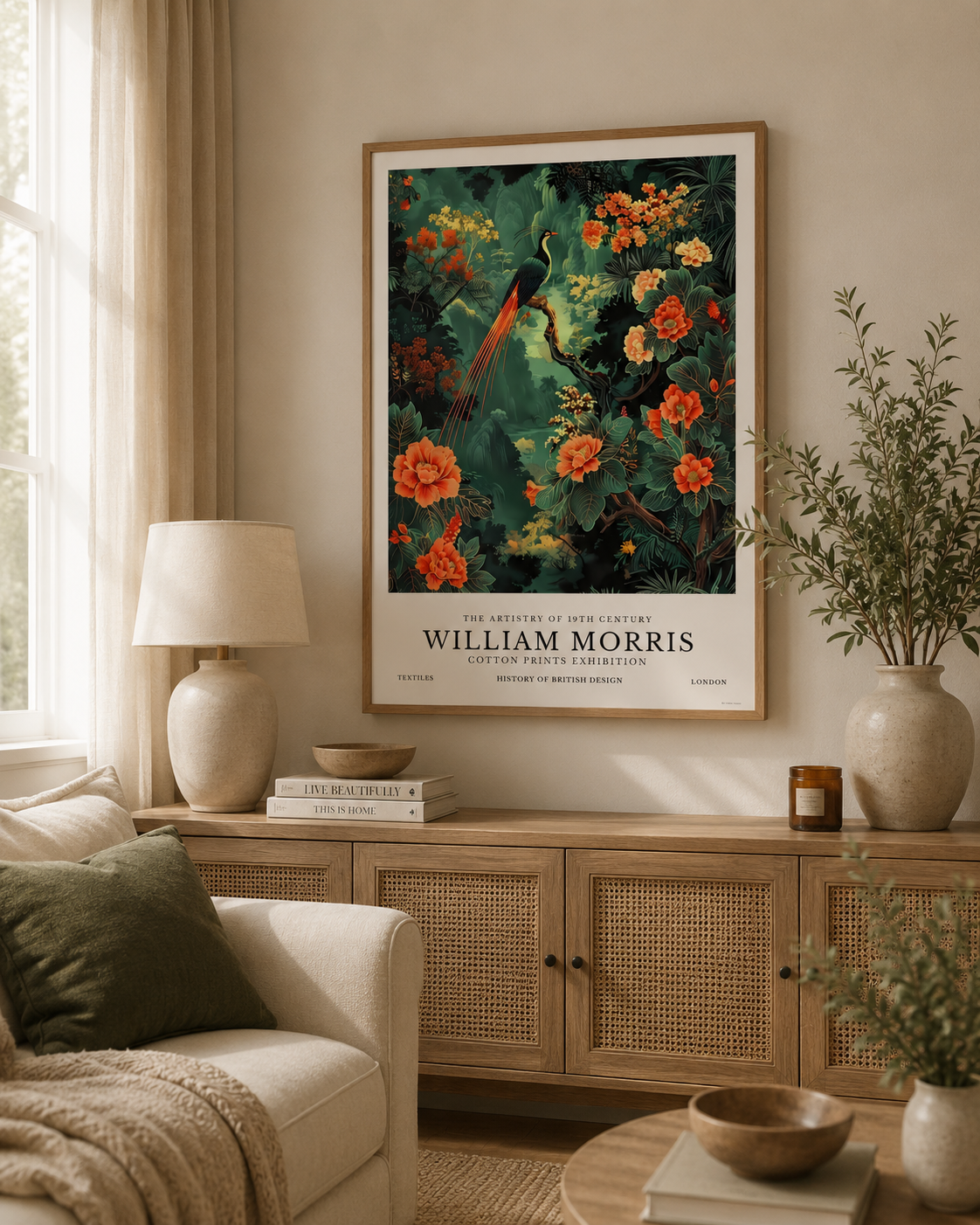Tropical Bird of Paradise wall art inspired by William Morris with vibrant coral flowers and emerald green foliage.