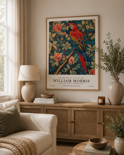 Colourful tropical bird print with vintage botanical styling, showcasing a scarlet macaw against rich floral foliage in a warm beige modern home interior.