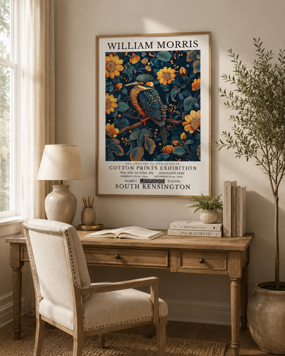 Botanical kingfisher wall art featuring golden flowers and deep blue foliage styled in a cosy cottage-inspired study.