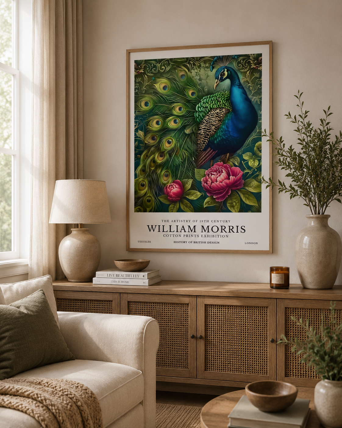 William Morris inspired peacock print displayed above a wooden sideboard in a neutral living room with botanical decor and natural textures.