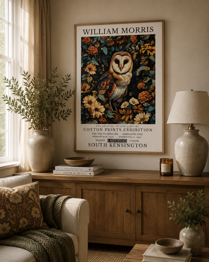 William Morris inspired barn owl print displayed above a wooden sideboard in a neutral living room with botanical decor and warm natural lighting.