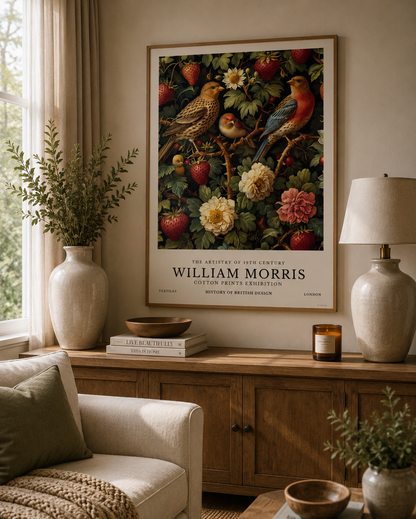 Botanical strawberry bird wall art with colourful songbirds perched amongst ripe strawberries and garden flowers.