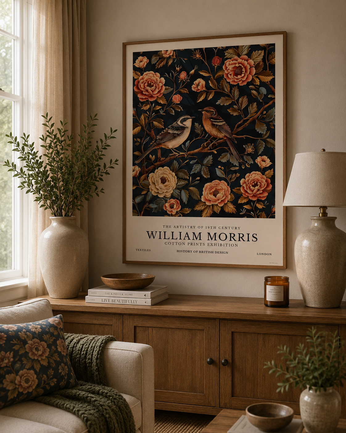 Botanical bird wall art with detailed floral blooms and perched songbirds inspired by classic William Morris artwork.